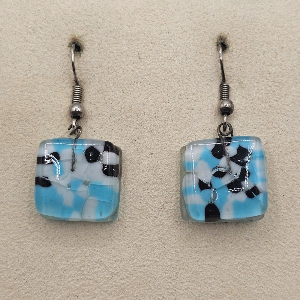 Vintage Fused Glass Drop Earrings Blue White Black Square Mosaic Pattern